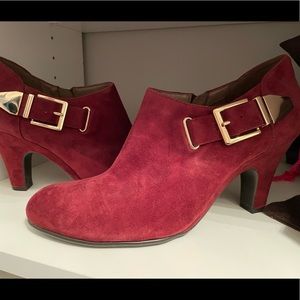 Burgundy suede 3.5” heel bootie with gold buckle.